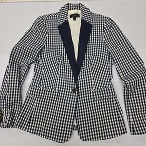 J Crew Womens Gingham Blazer‎ Navy White Classic Fit One Button Jacket Size 2
